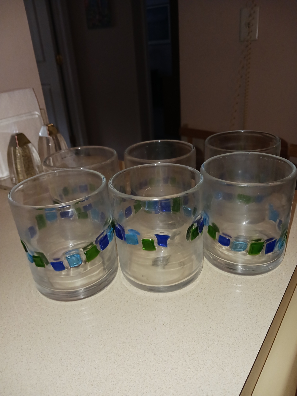 Set of 6 Clear Glass Tumblers with Blue & Green Mosaic Band